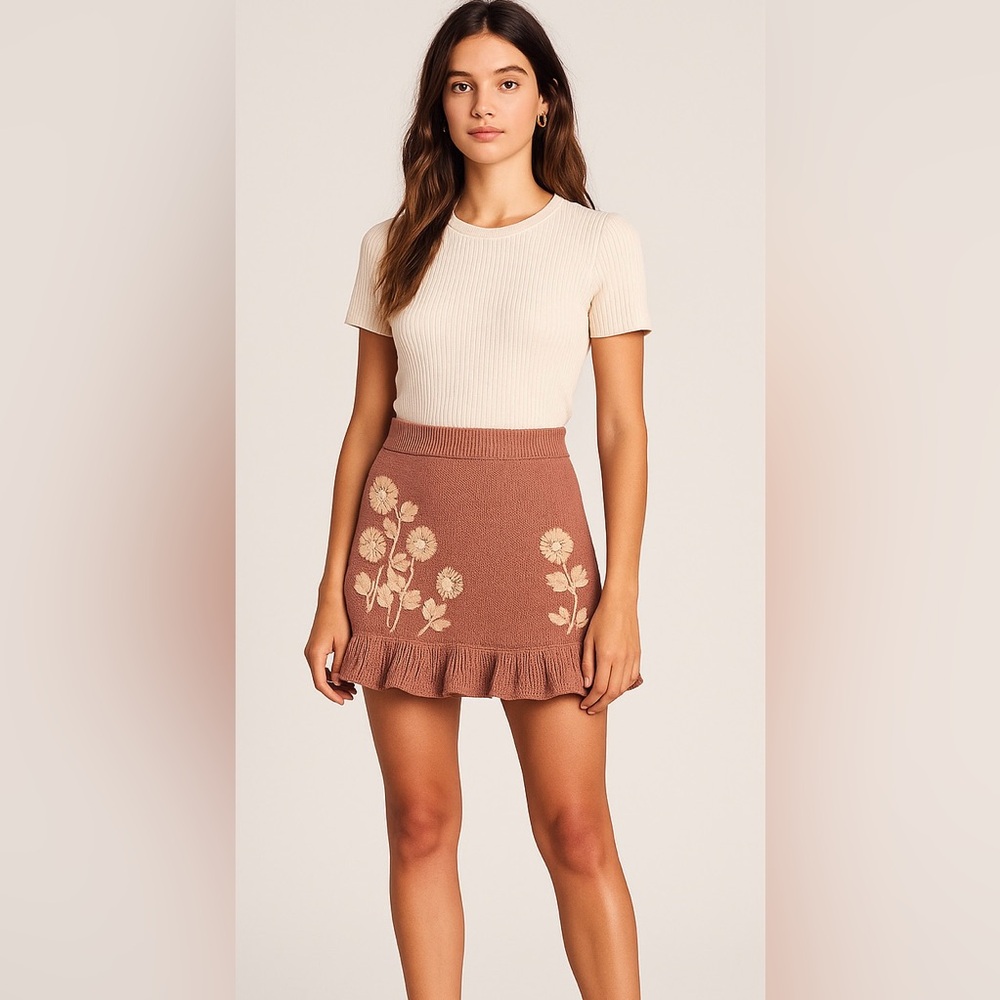 NWT LoveShackFancy Oxford Mini Skirt Rose Blush Floral Embroidered Knit XL $365